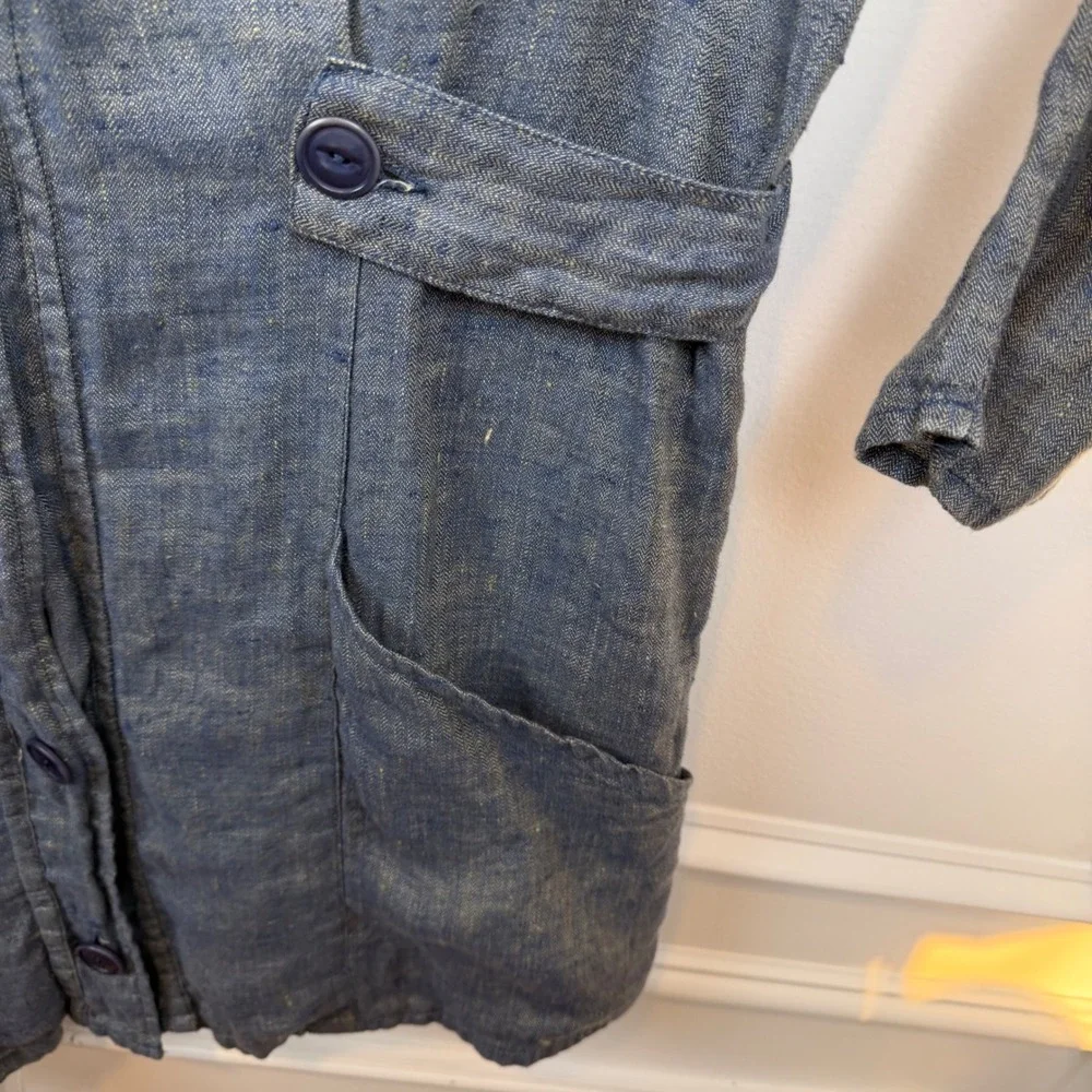FLAX Jeanne Engelhart Blue Linen‎ Herringbone Button Front Jacket Petite